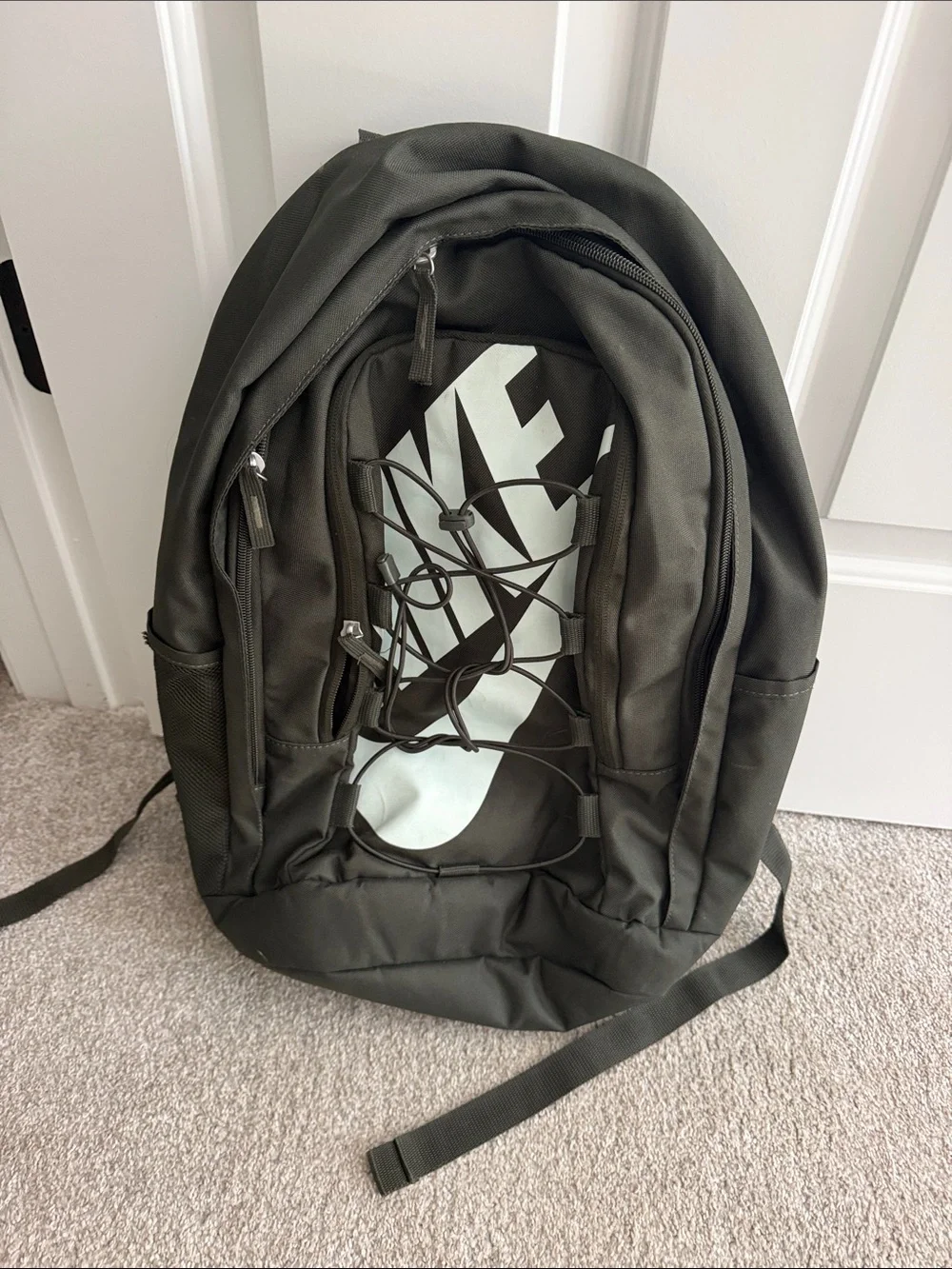 Nike Dark Olive Green Backpack with Front Bungee and Large Swoosh